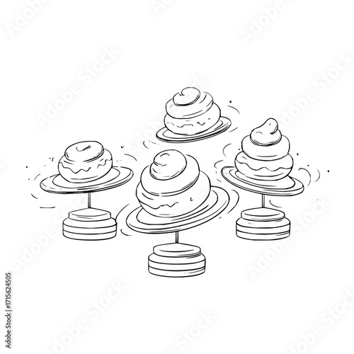 Four stylized desserts on stands with circular bases and decorative swirls in a monochrome drawing style