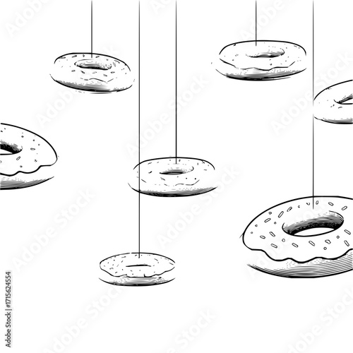 Illustration of assorted donuts hanging from strings in a black and white sketch style drawing design