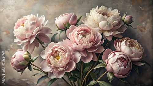 Fototapeta Naklejka Na Ścianę i Meble -  A lush bouquet of soft pink and white peonies in full bloom, set against a muted, painterly background