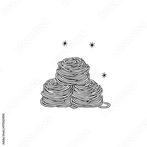 A monochrome illustration of three stacked nests of spaghetti with three stars floating above them in white space