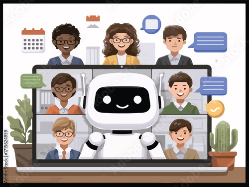 多様な人物とロボットによるオンライン会議のベクトルイラスト