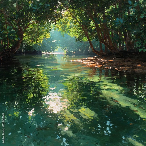 This stunning stock photo features a serene river flowing through a lush forest. Sun rays beautifully pierce the tree canopy, illuminating the clear, shimmering water.