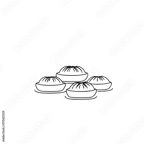 A minimalist line drawing depicts four steamed buns arranged closely together on a white background scene here