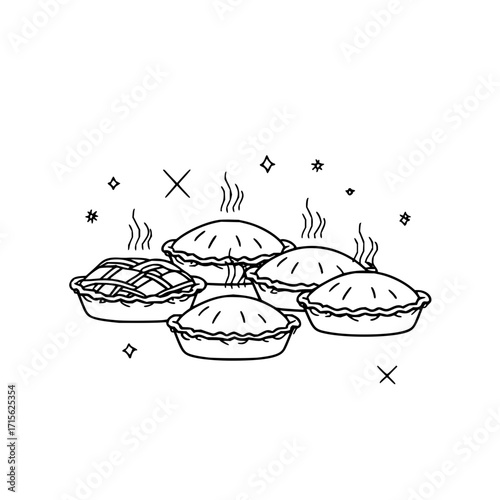 A delectable assortment of freshly baked pies steaming with warmth and charm in a delightful line drawing