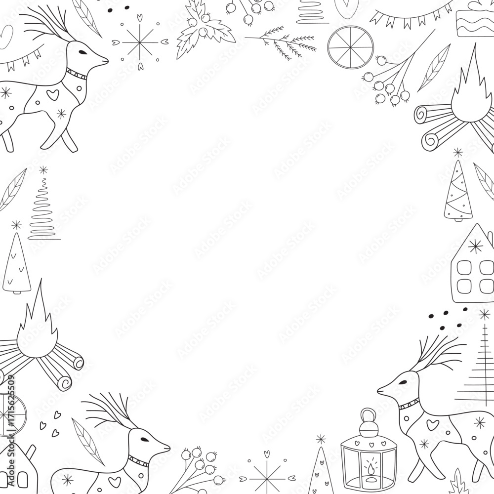 Obraz premium Line art Christmas doodle frame
