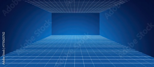 Abstract digital rendering of a dark blue room with a gridded floor and ceiling, creating a sense of depth and perspective