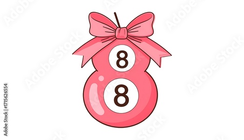 A charming, pink eight ball, decorated with a delicate bow, against a clean white background.