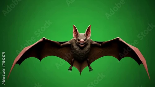A scary vampire bat with wings spread wide against a green background
