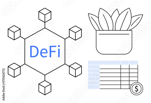 Blockchain diagram with DeFi text in the center, spreadsheet with dollar sign, and potted plant. Ideal for cryptocurrency, finance, digital economy, growth, sustainability, blockchain modern design