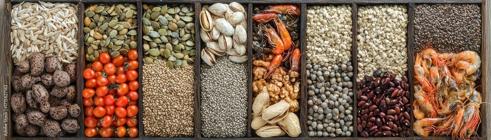 Obraz premium Organic assorted seeds, nuts, grains, and seafood variety