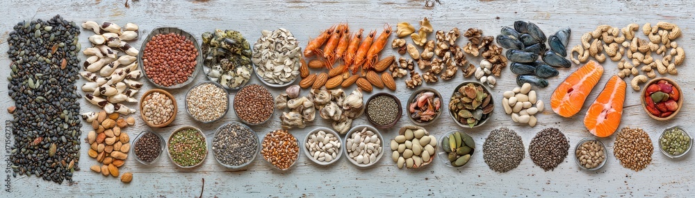 Obraz premium Assorted Healthy Nuts, Seeds, and Seafood on Table