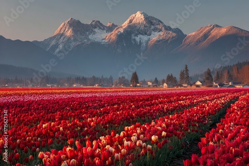 Vibrant red and white tulip fields stretch towards a distant village, framed by majestic, snow-capped mountains under a clear sky.