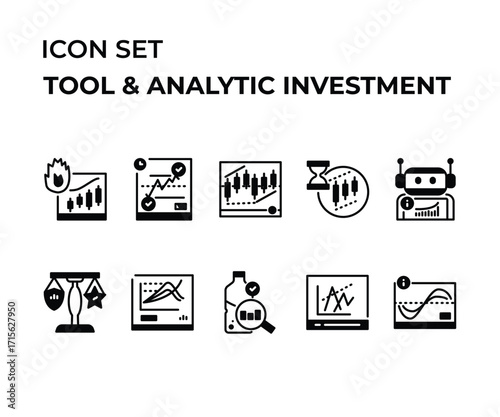 Graph and chart collection Solid Style icons for mobile concept and web apps design. 
Investment of business and strategy stock market related vector.