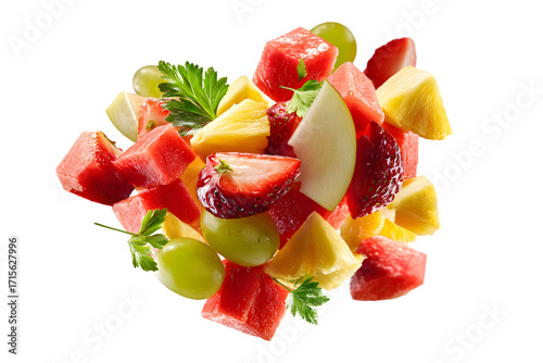 Fresh fruit salad with watermelon, pineapple, and strawberry floating in mid-air, isolated on transparent background