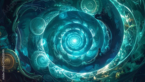 A mesmerizing spiral design features concentric circles of teal and blue, with intricate, flowing lines and patterns, creating a captivating and otherworldly visual journey.