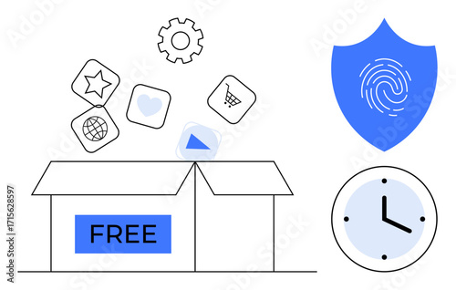 Open box marked free with apps emerging, shield with fingerprint, clock symbol, and gear icon. Ideal for technology, productivity tools, accessibility, resource sharing, security efficiency