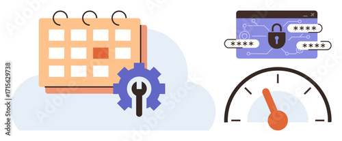 Calendar with gear for planning and optimization, security lock indicating data protection, and speedometer symbolizing performance measurement. Ideal for productivity, cybersecurity, analytics