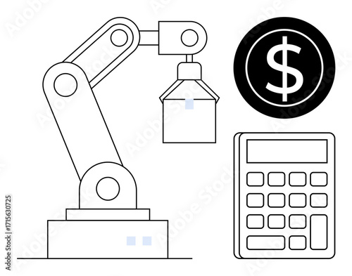 Robotic arm holding object beside calculator and dollar sign, showcasing cost efficiency, automation, productivity, economic calculation, financial planning, industrial management, simple flat