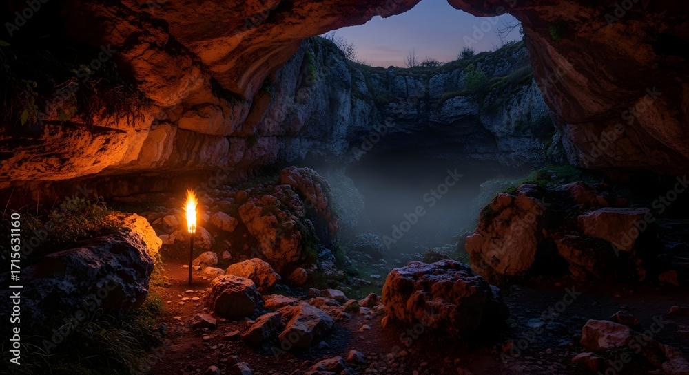 Fototapeta premium Mysterious cave entrance with torch illuminating rocky surroundings at dusk, evoking adventure