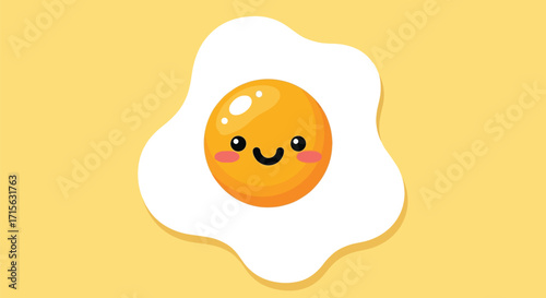 Cute fried egg with a happy face on a yellow background, breakfast food