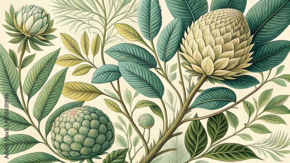 Fototapeta premium botanical illustration of artichokes and leaves in vintage style