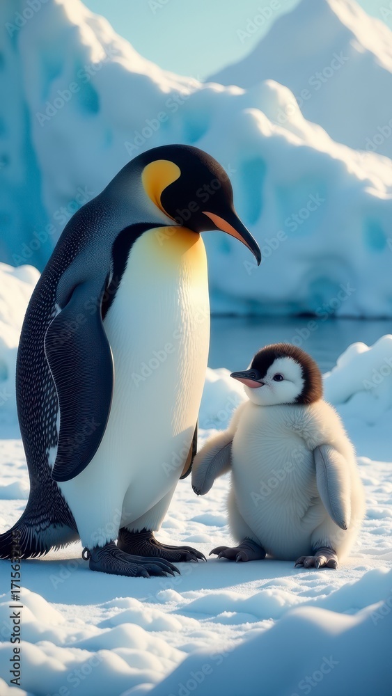 Fototapeta premium An emperor penguin stands beside its chick on snowy Antarctic terrain, highlighting wildlife.