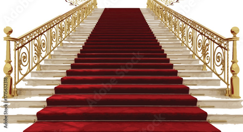 Red Carpet on Marble Staircase with Golden Railings, Luxury and Elegance
