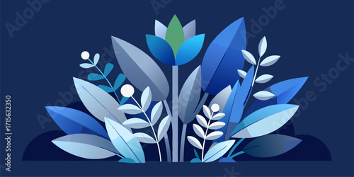 A beautiful illustration of stylized lush foliage and bright white flowers in varying shades of deep blue. Framed by bright blue foliage and soft white flowers, this work creates a nighttime or deep-s