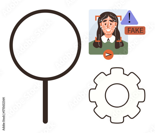 Facial recognition system analyzes deepfake content. Magnifying glass emphasizes scrutiny. Gear represents technology integration. Ideal for cybersecurity, AI, data, deepfake detection, fraud