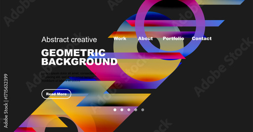 Vibrant abstract design. Geometric shapes overlap, creating colorful background. Website header includes navigation options, button.