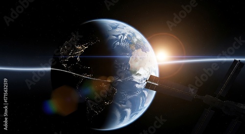 Fototapeta Naklejka Na Ścianę i Meble -  A celestial view of Earth, illuminated by sunrise, with a space station in the background.