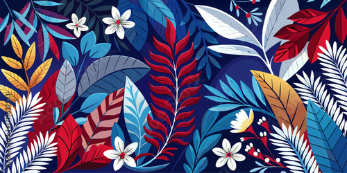 The contrasting use of cool blue and warm red gives this artwork a dynamic and modern feel. The vibrant tropical foliage is visually striking against the dark blue background.