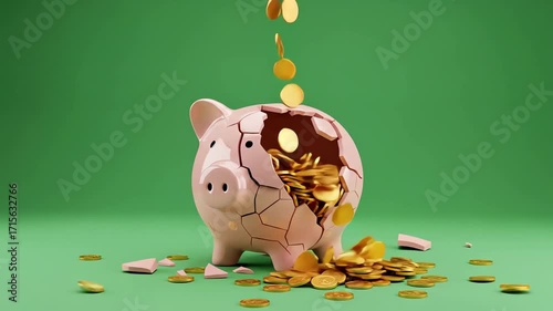 A cracked piggy bank spilling gold coins on a green background