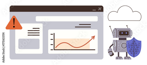 Browser window showing rising graph, alert message, robot holding shield, and cloud. Ideal for cybersecurity, AI, analytics, risk management, cloud computing data protection threat detection