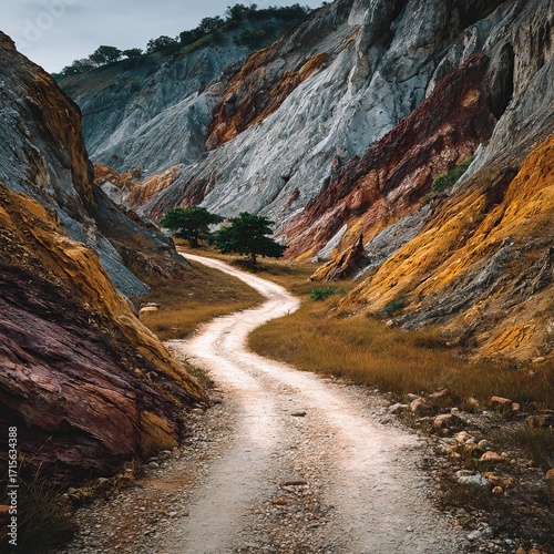 Winding path through a colorful striped rock canyon