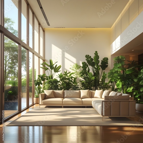 Luxury Modern Living Room with Floor-to-Ceiling Windows and Indoor Plants