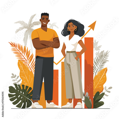 多様なビジネスパートナーが熱帯植物と成長を示すグラフを背景に自信を持って立つ、成功と協力の概念を表現したベクターイラストレーション。