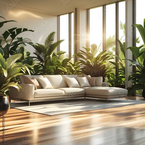 Sunny and Modern Living Room with Lush Indoor Plants and Sunlight