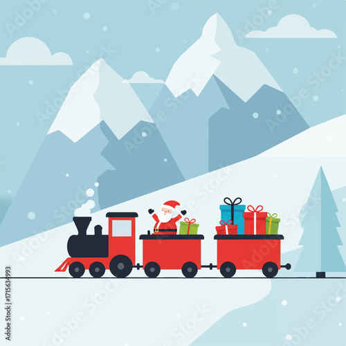 Santa on a train with gifts in a snowy mountainous landscape