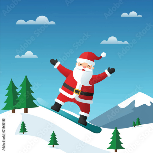 Santa Claus snowboarding down a snowy mountain slope
