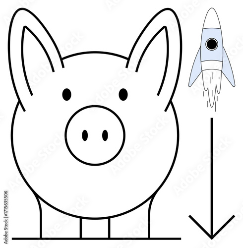 Piggy bank with bold outline, downward arrow symbolizing financial loss, and launching rocket denoting innovation, risk, or investment. Ideal for finance, saving, risk management, innovation loss