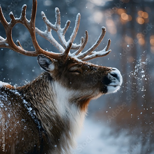 Majestic Reindeer in a Snowy Forest, Exhaling in the Cold Air