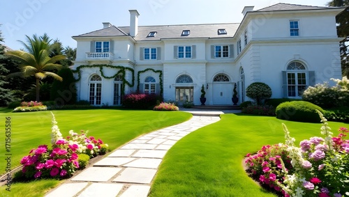 Grand White Mansion with a Lush Green Garden and Stone Pathway