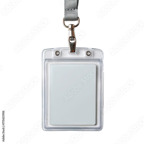 Close-up of a blank white identification badge on a gray lanyard