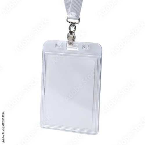 Blank white plastic ID badge with white lanyard