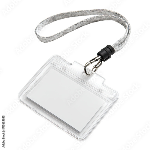 Clear plastic ID badge with gray lanyard