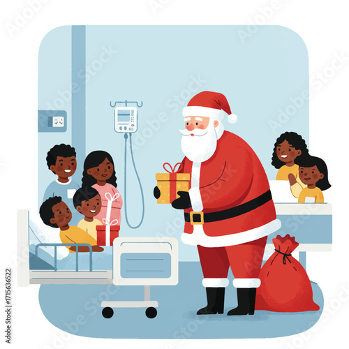 Santa gives gifts to children in a hospital room