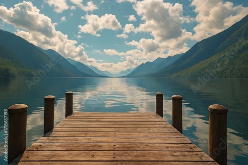 Wooden Dock on a Calm Mountain Lake with Reflections