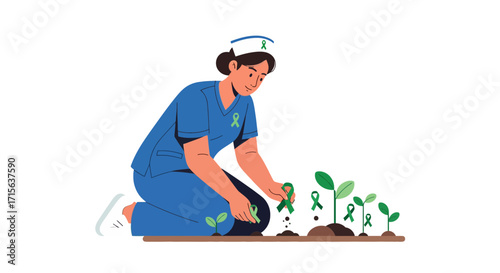 Caring Nurse Nurtures Growth of Green Awareness Ribbons, Symbolizing Hope and Support for Vital Healthcare Initiatives
