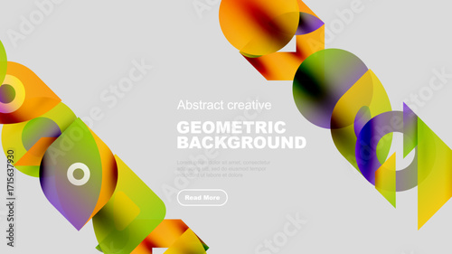 Abstract geometric shapes overlap, creating vibrant colorful background. Text promotes further exploration. Modern design elements present.